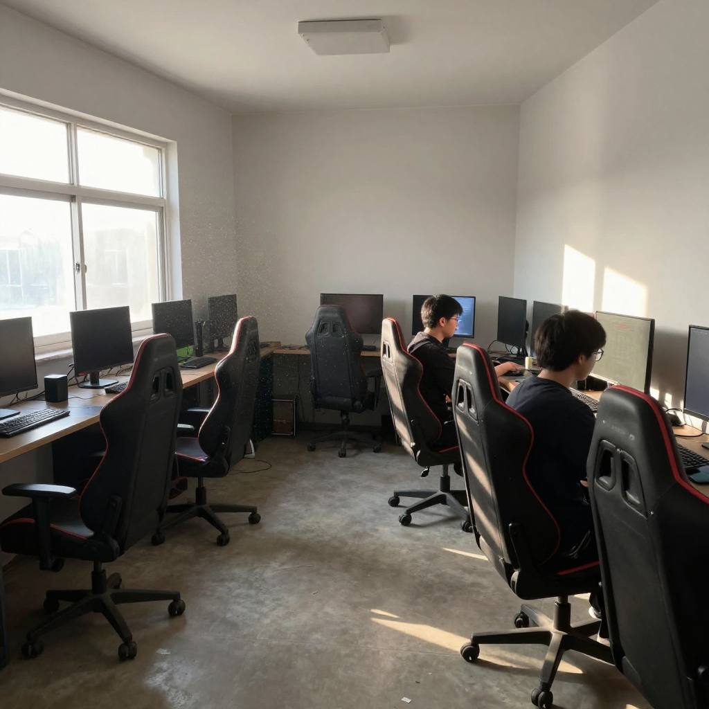 Row of warm wood-panel stations in the busy center of the KEYCAP floor with people playing