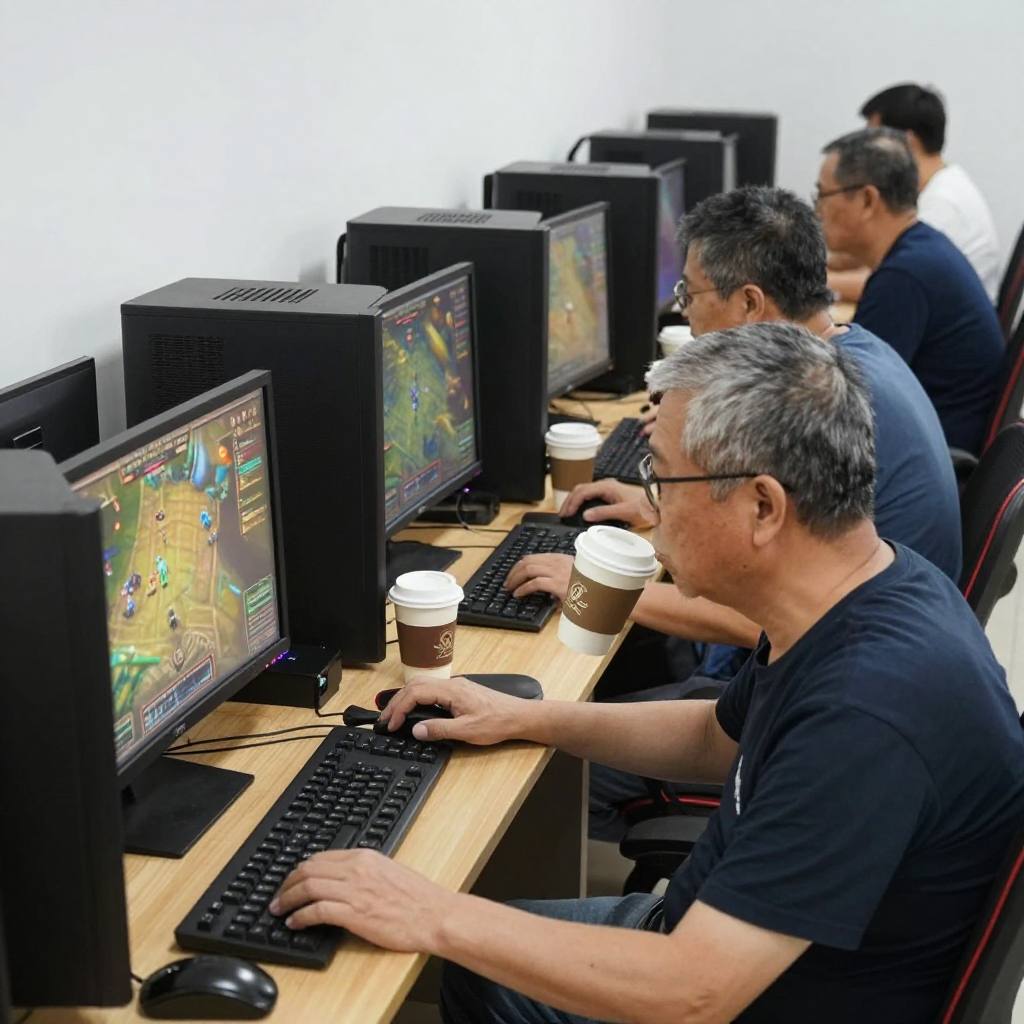 Side view of a player at a warm wood station showing the desk edge and setup detail